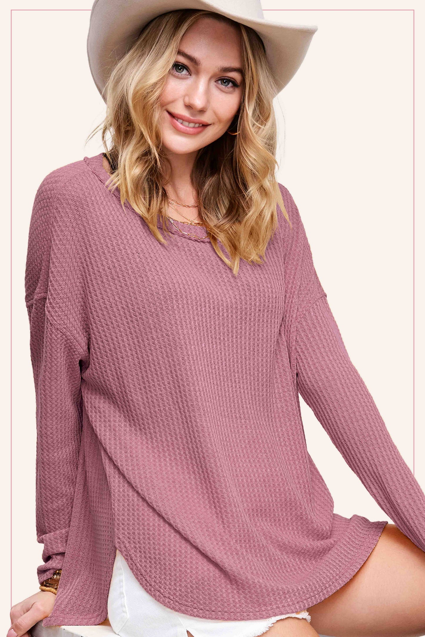 Brushed Waffle Fabric Loose Fit Long Sleeve Top