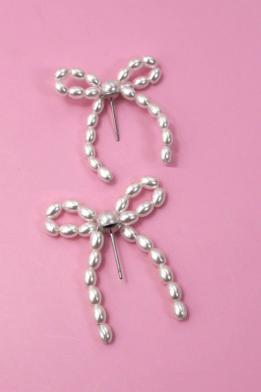 Pearl Bead Bow Ribbon Earrings