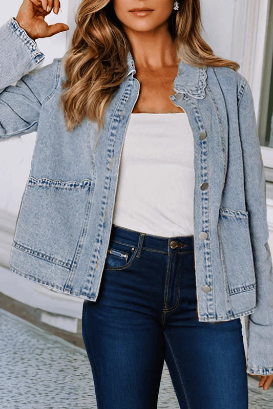 Scallop Trim Collar Patched Pocket Denim Jacket - Southern Sassy Boutique
