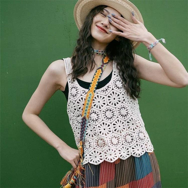 Vintage Embroidery Hollow Out Crochet Knit Vest
