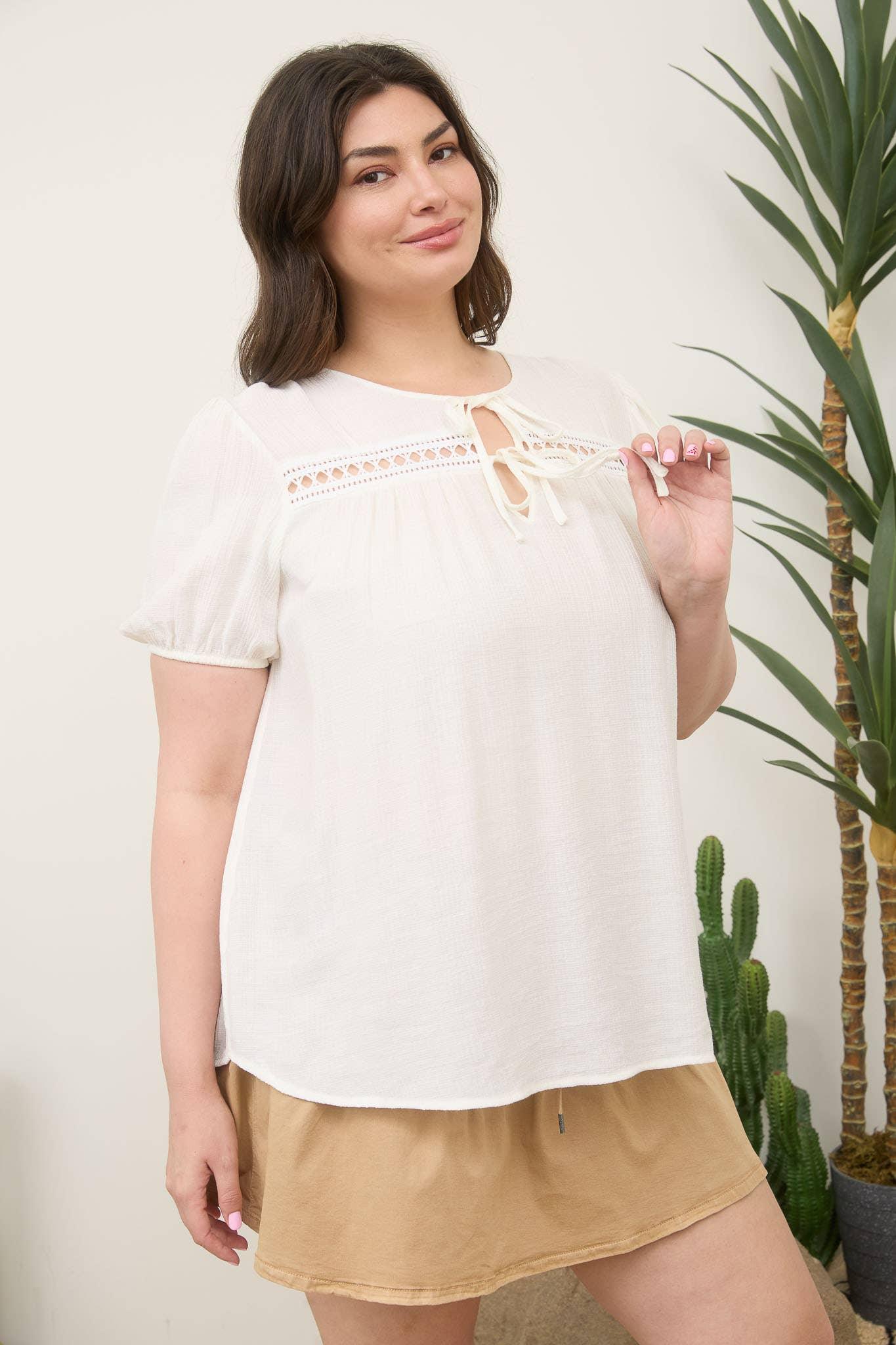 PLUS SCALLOP TRIM FRONT TIE DETAIL PUFF SLEEVE TOP - Southern Sassy Boutique