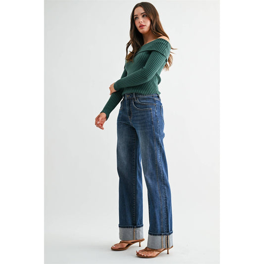 HIGH-RISE SLIM WIDE CUFFED LEG