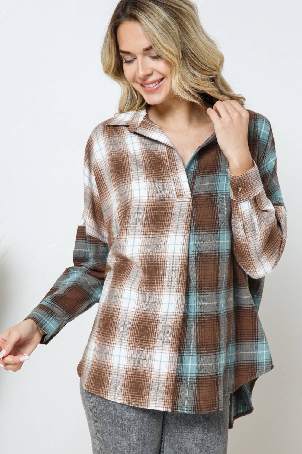 Collard Flannel Mix Dolmen Shirt