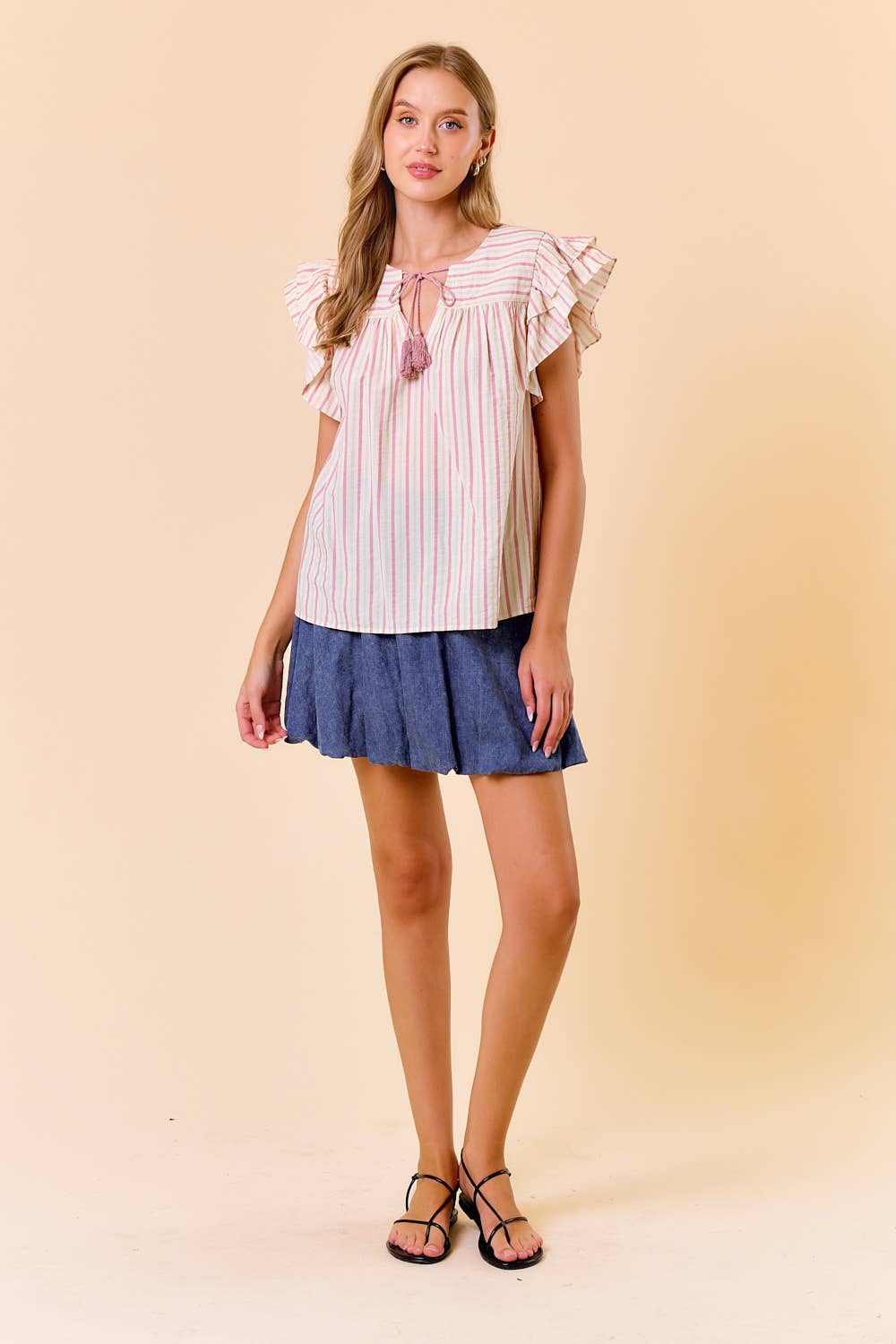 MULTI-COLORED STRIPE RUFFLE CAP SLEEVE PEASANT TOP