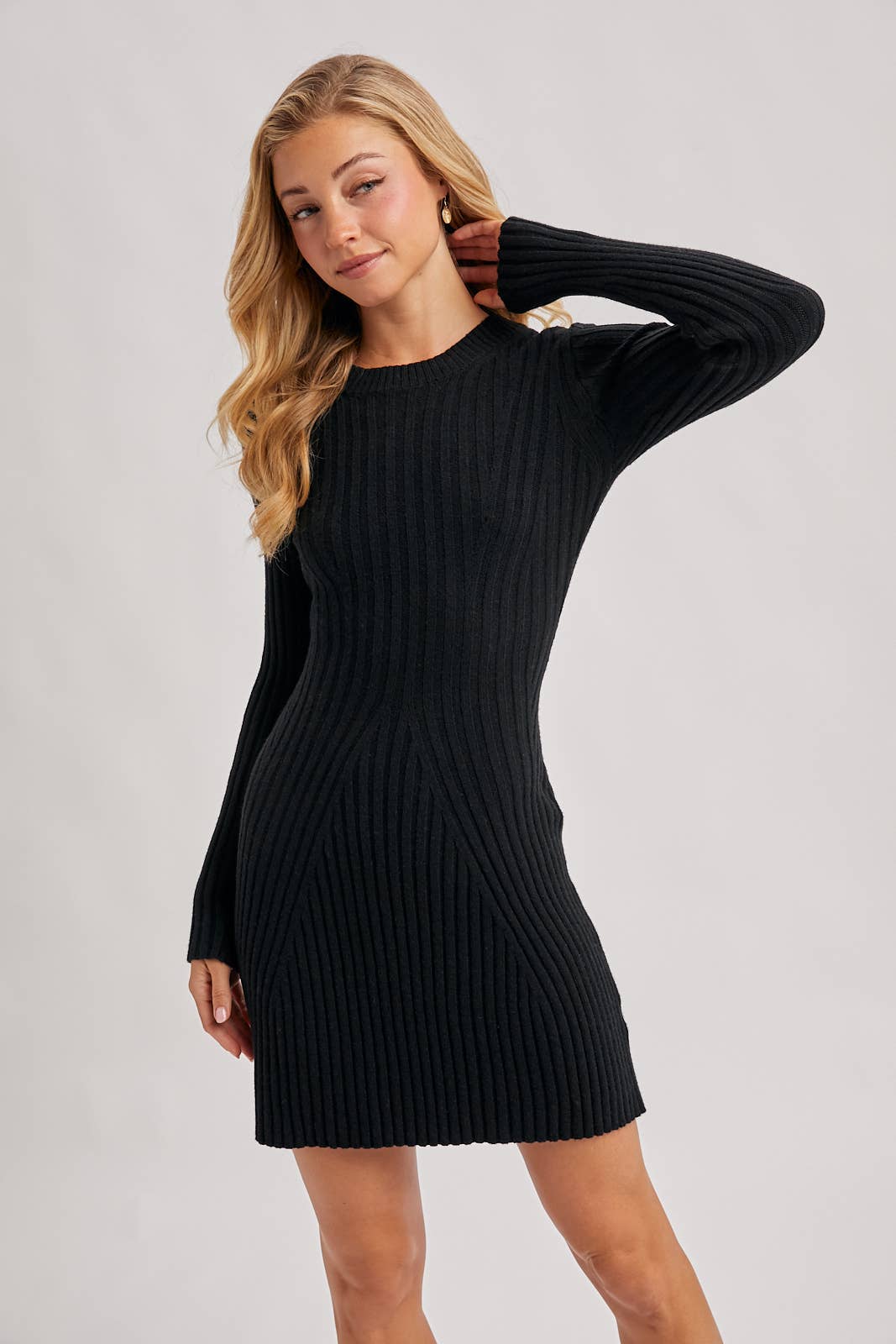 RIBBED KNIT LONG SLEEVE SWEATER DRESS
