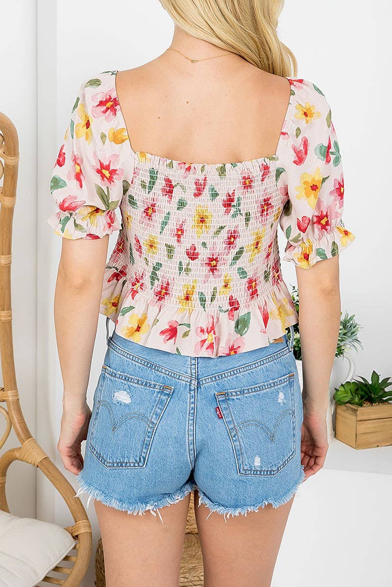Smoked Floral Puff Top