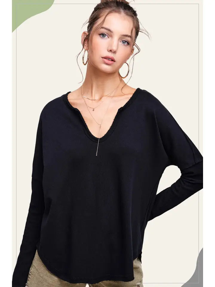 Textured Fabric Contrast Terry Long Sleeve Top