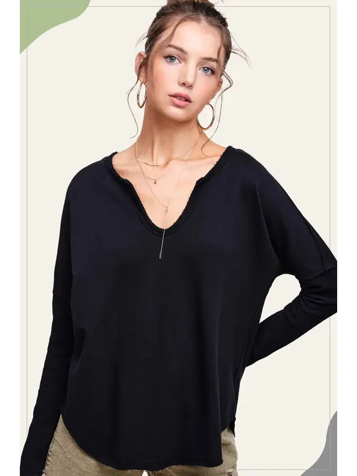 Textured Fabric Contrast Terry Long Sleeve Top - Southern Sassy Boutique