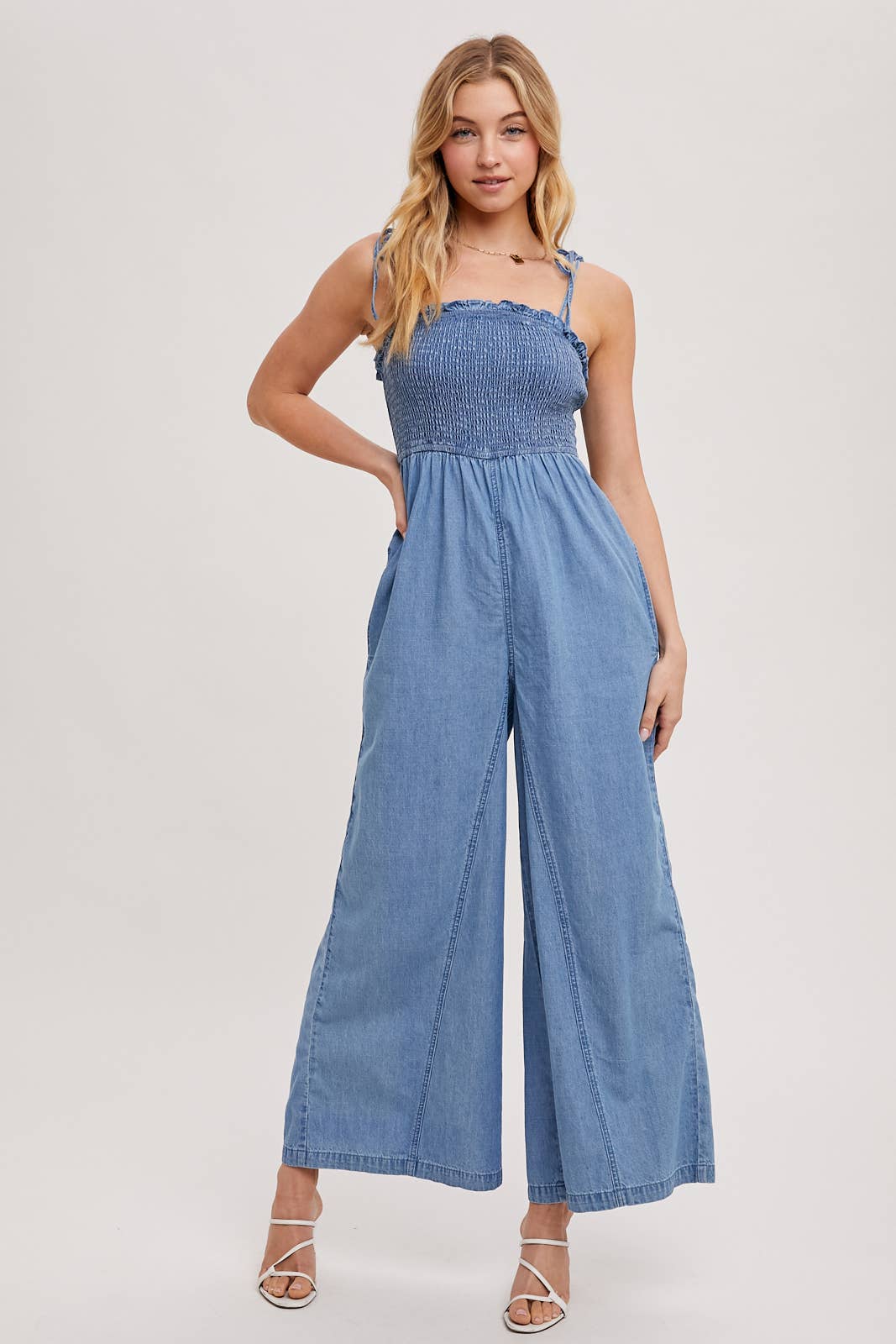 DENIM SMOCKED STRAP WIDE LEG JUMPSUIT