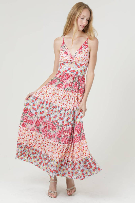 V Neck Twist Front Floral Tiered Maxi Dress