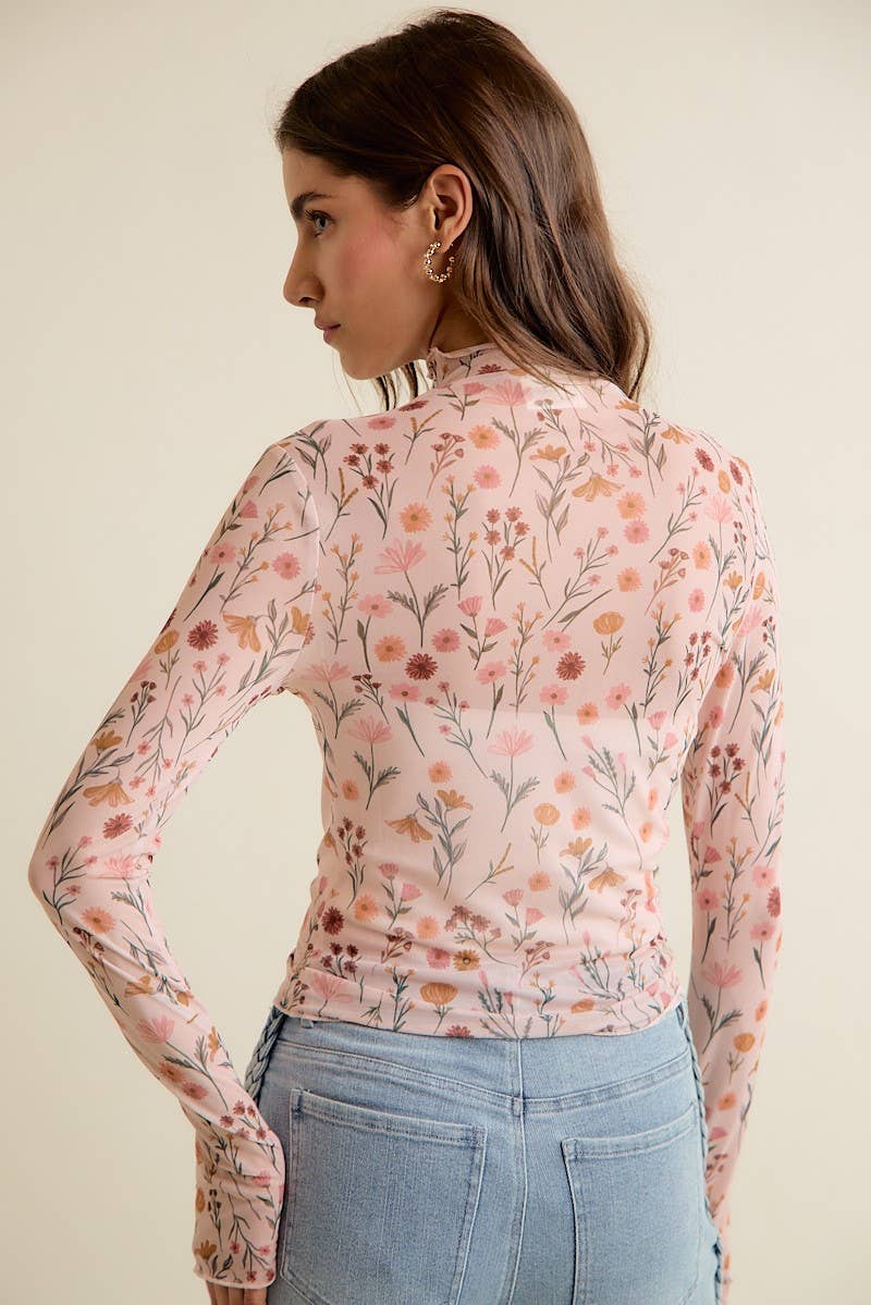 Floral Print Mesh Knit Long Sleeve Top