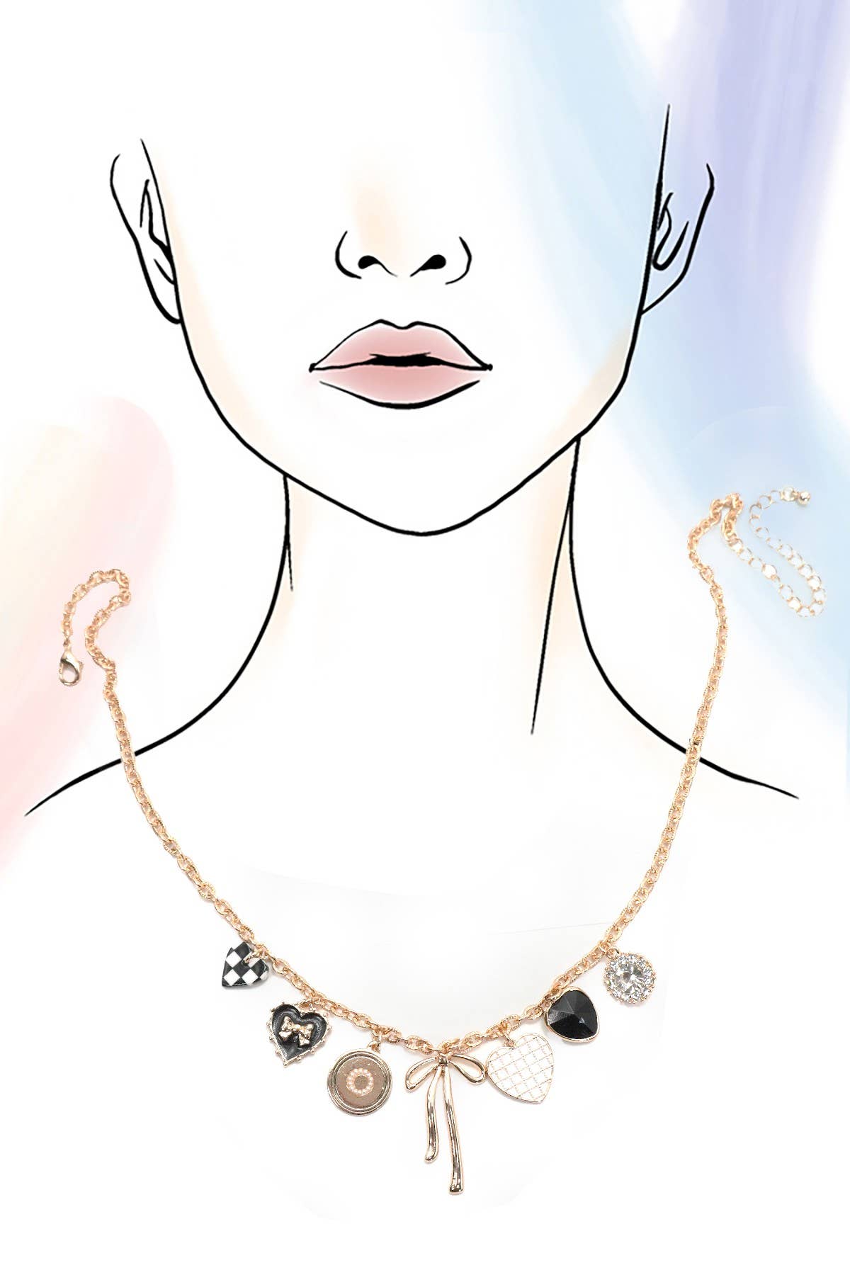 Charm Necklace-Bow Checker Heart Rhinestone