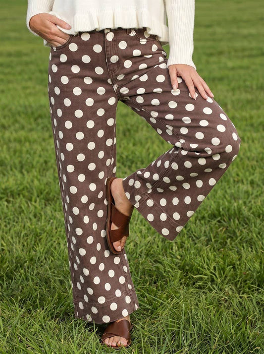 Polka Dot Straight Leg Cotton Denim Span Pants