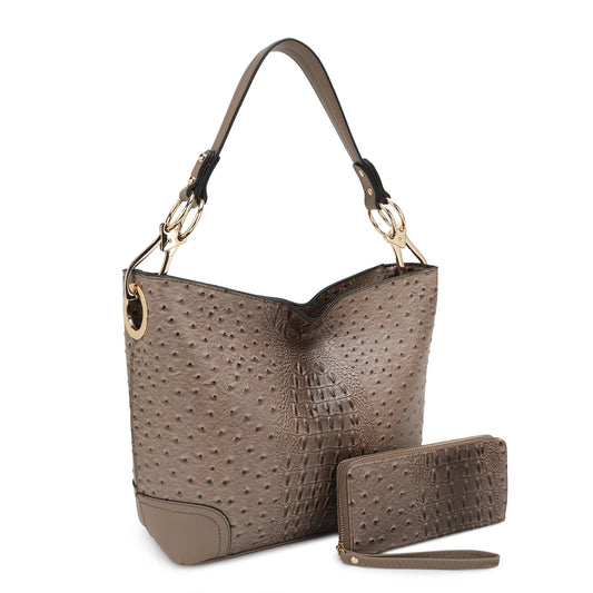 Ostrich & Croc Embossed Hobo Set w/ Wallet