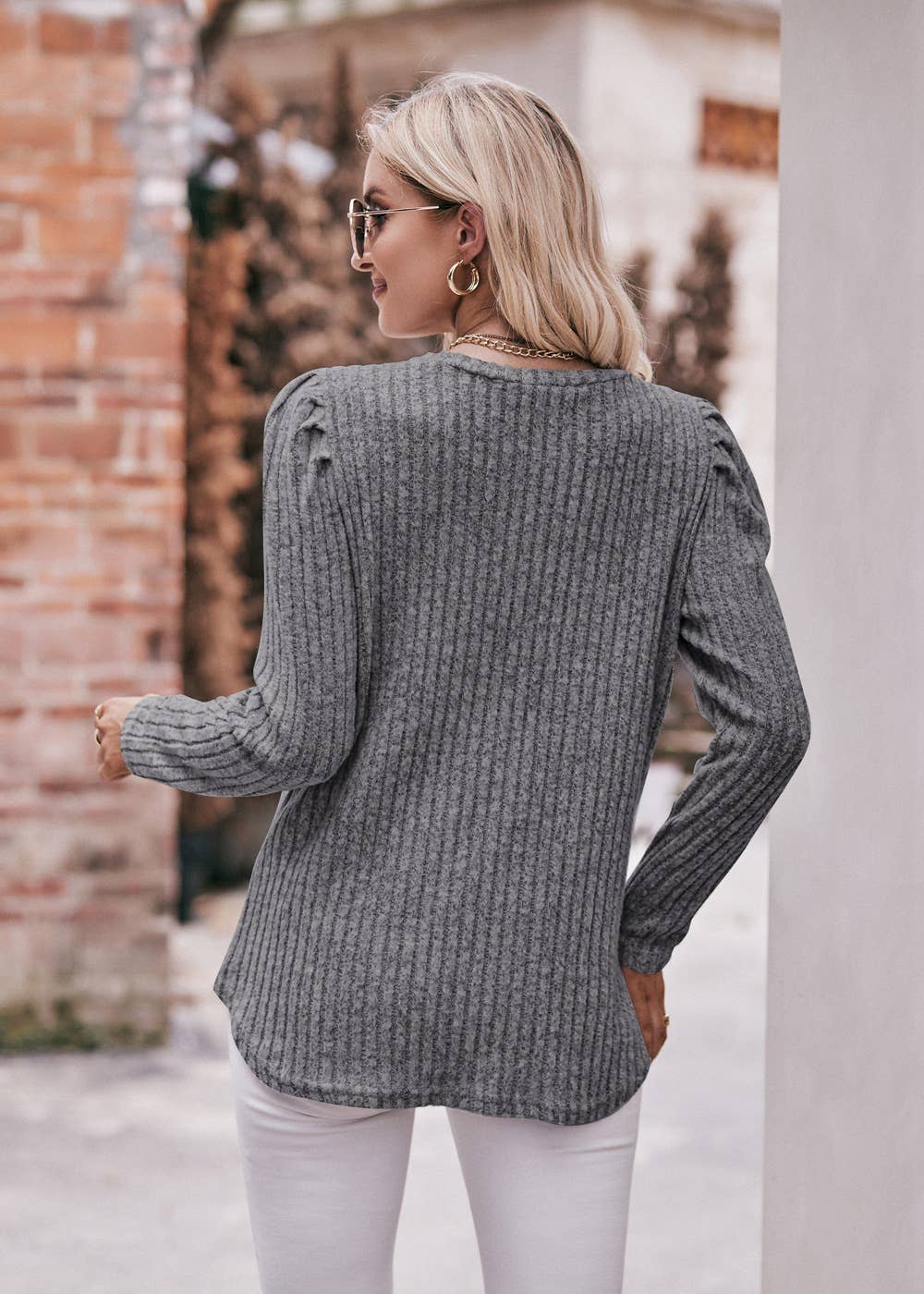 Soft Ribbed Knit Puff Sleeve Top