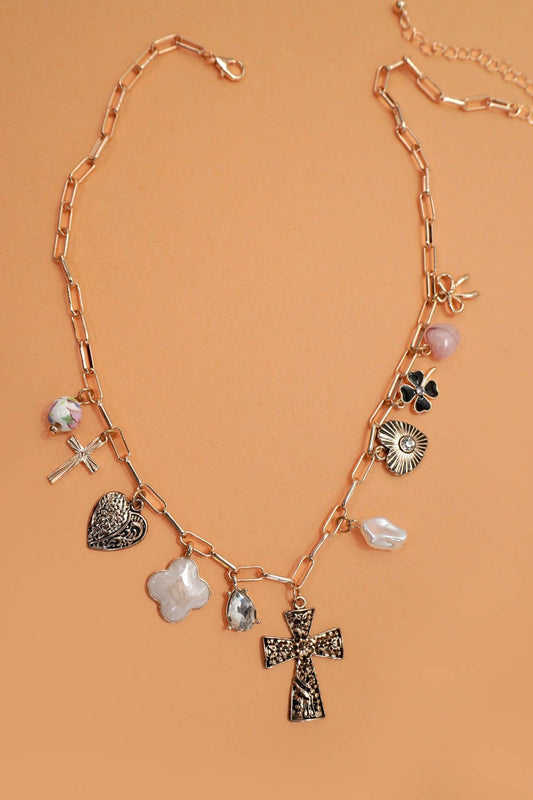 CHARM NECKLACE-CLOVER CROSS HEART BOW PORCELAIN
