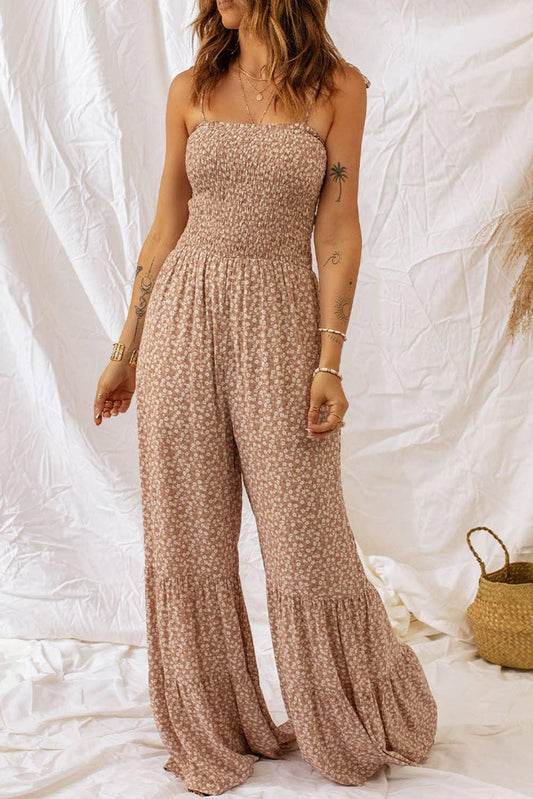 Straps Smocked Bodice Wide Leg Floral Jumpsuit - Southern Sassy Boutique