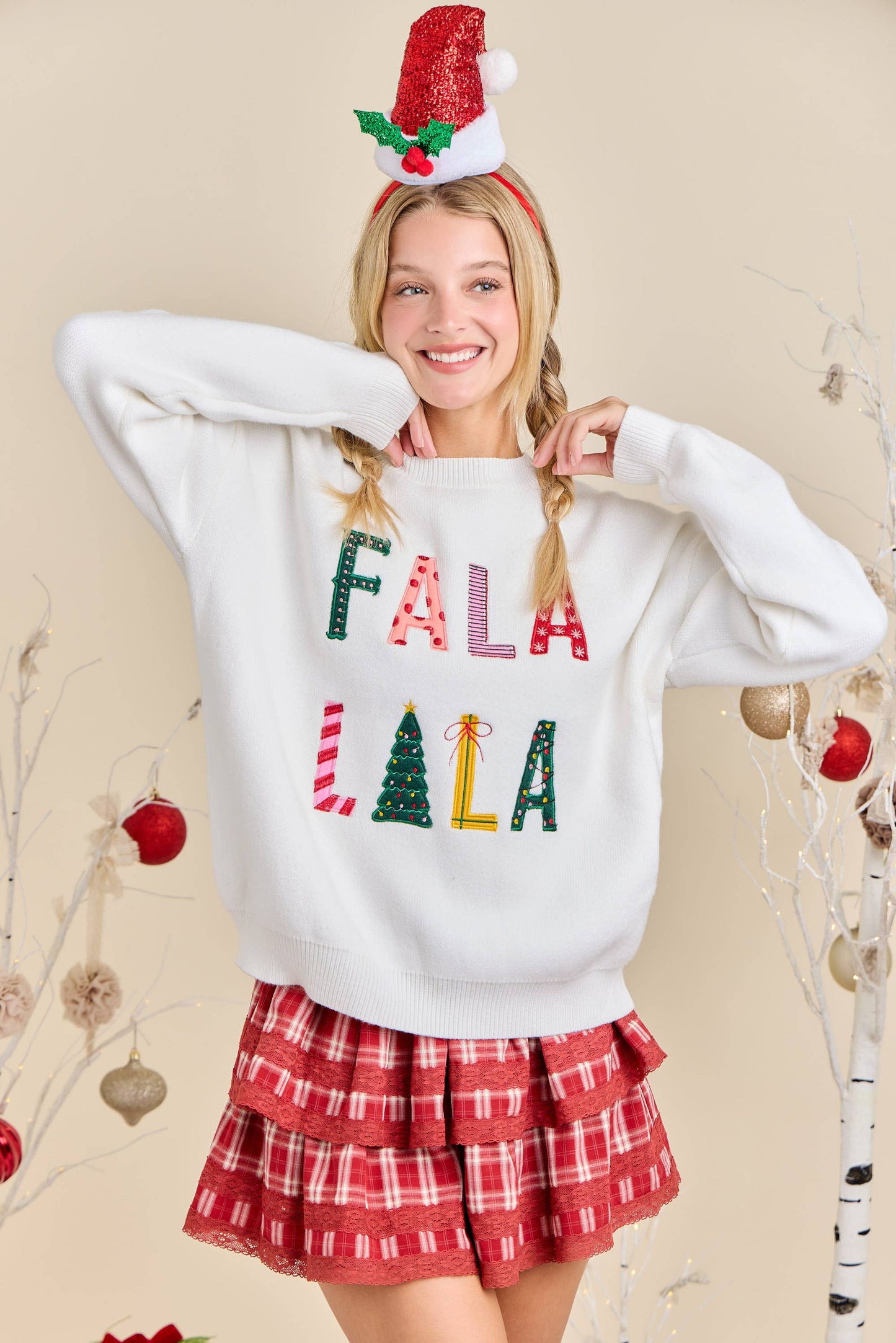 Festive Holiday Falala Embroidered Sweater Knit Top