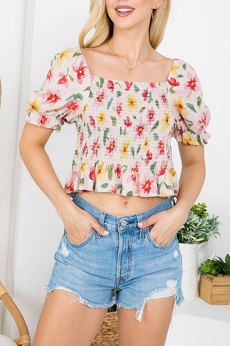 Smoked Floral Puff Top