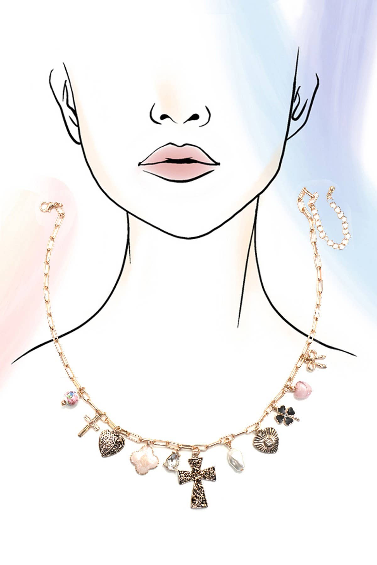 CHARM NECKLACE-CLOVER CROSS HEART BOW PORCELAIN