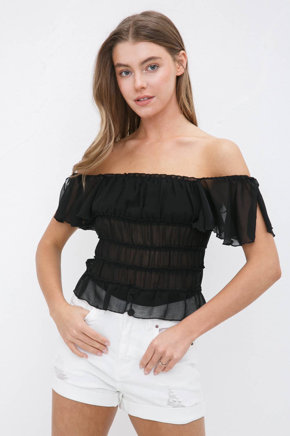Sheer Sucker Chiffon Ruffle Elastic Tiered Bodysuit
