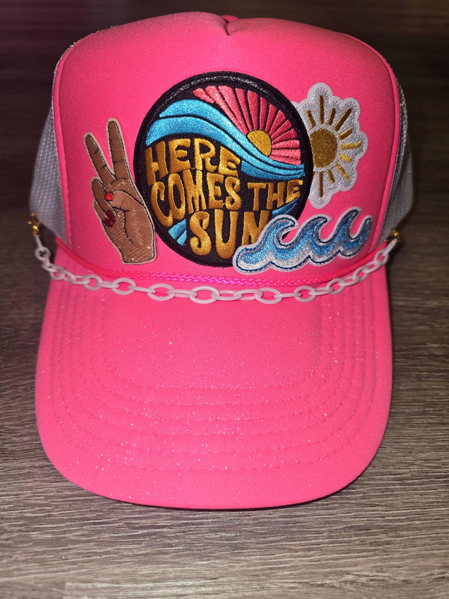 Here Comes the Sun Summer Trucker Hat with a White Chain - Southern Sassy Boutique