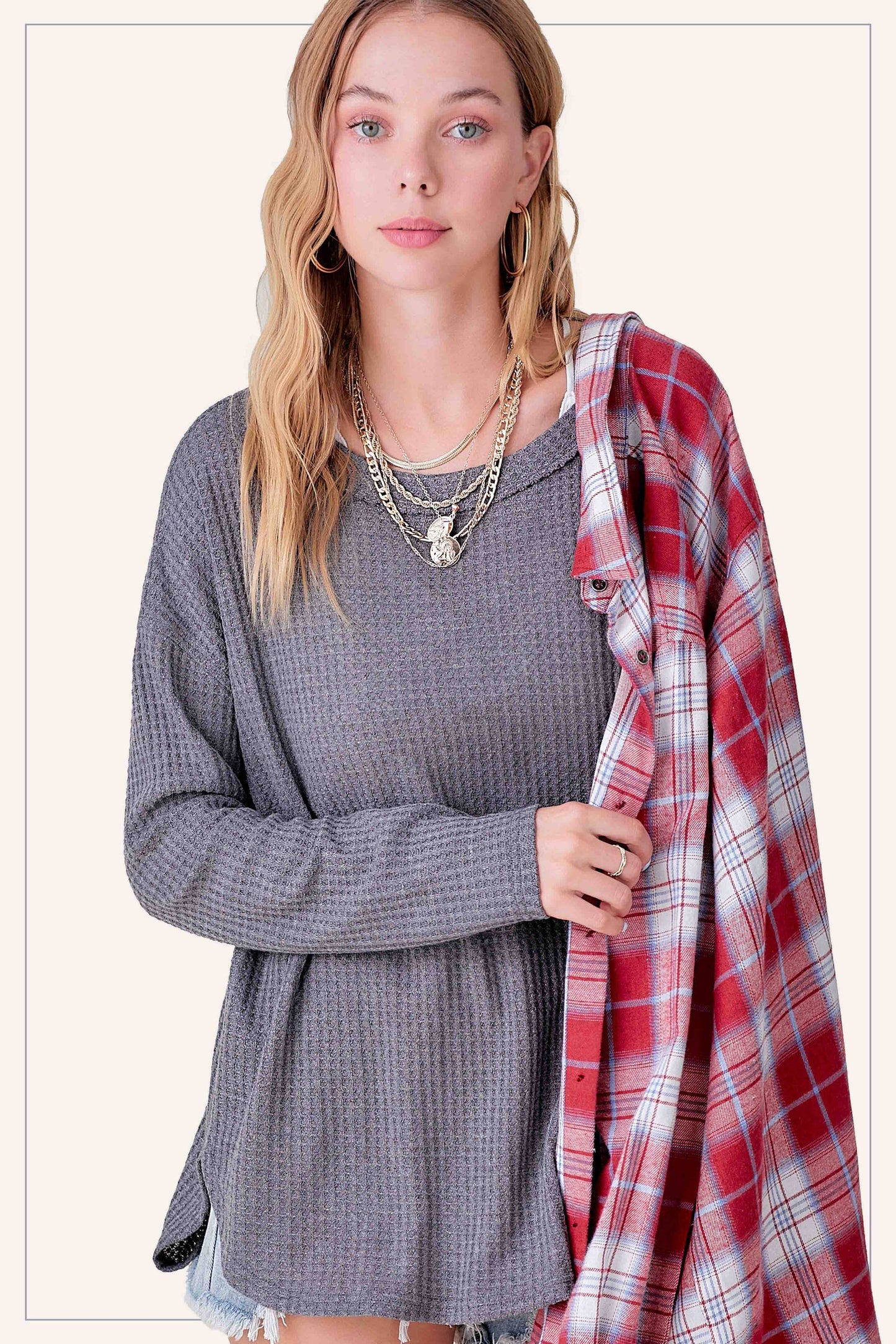 Brushed Waffle Fabric Loose Fit Long Sleeve Top