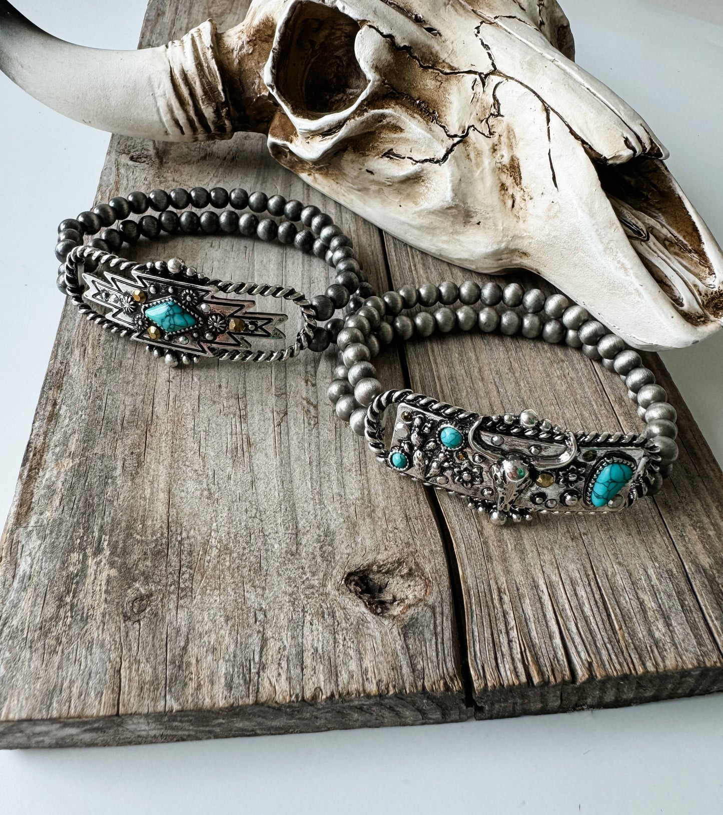 Western Steer Bracelet Navajo Style Turquoise Accent - Rhinestones