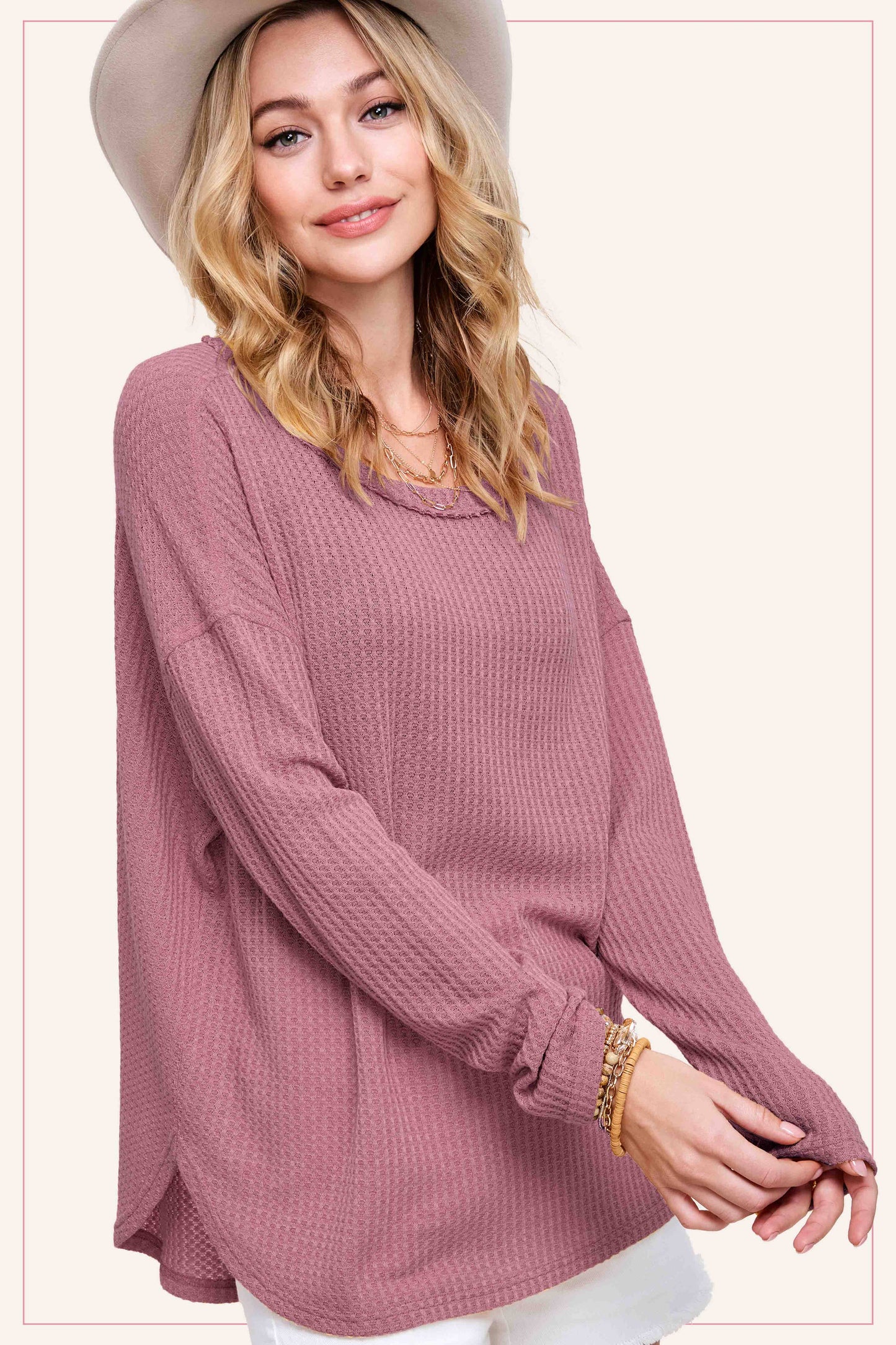 Brushed Waffle Fabric Loose Fit Long Sleeve Top