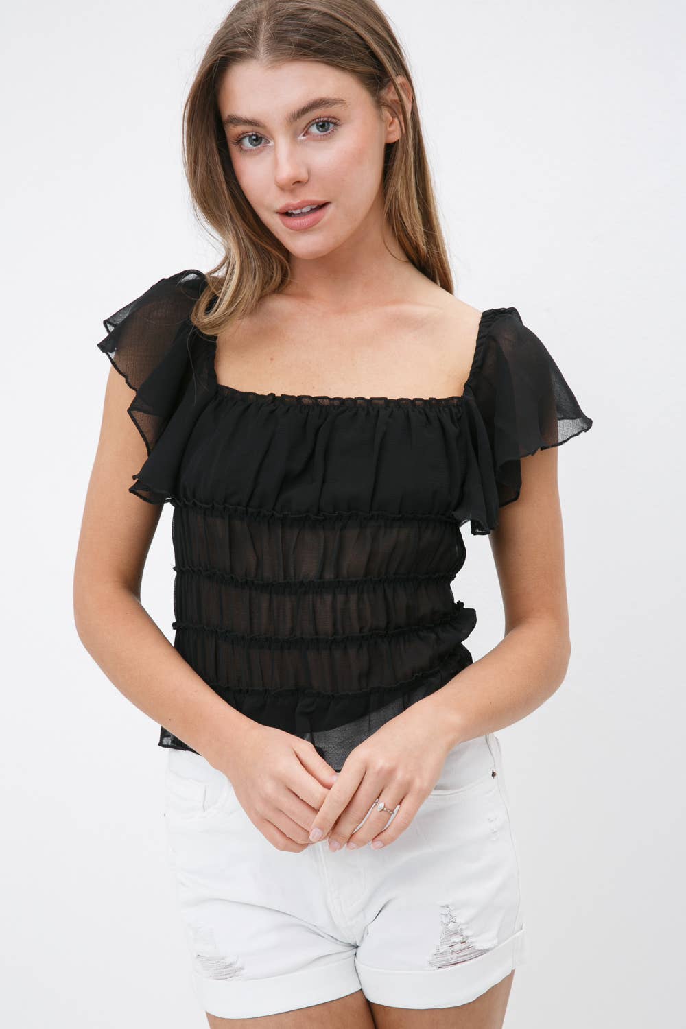 Sheer Sucker Chiffon Ruffle Elastic Tiered Bodysuit