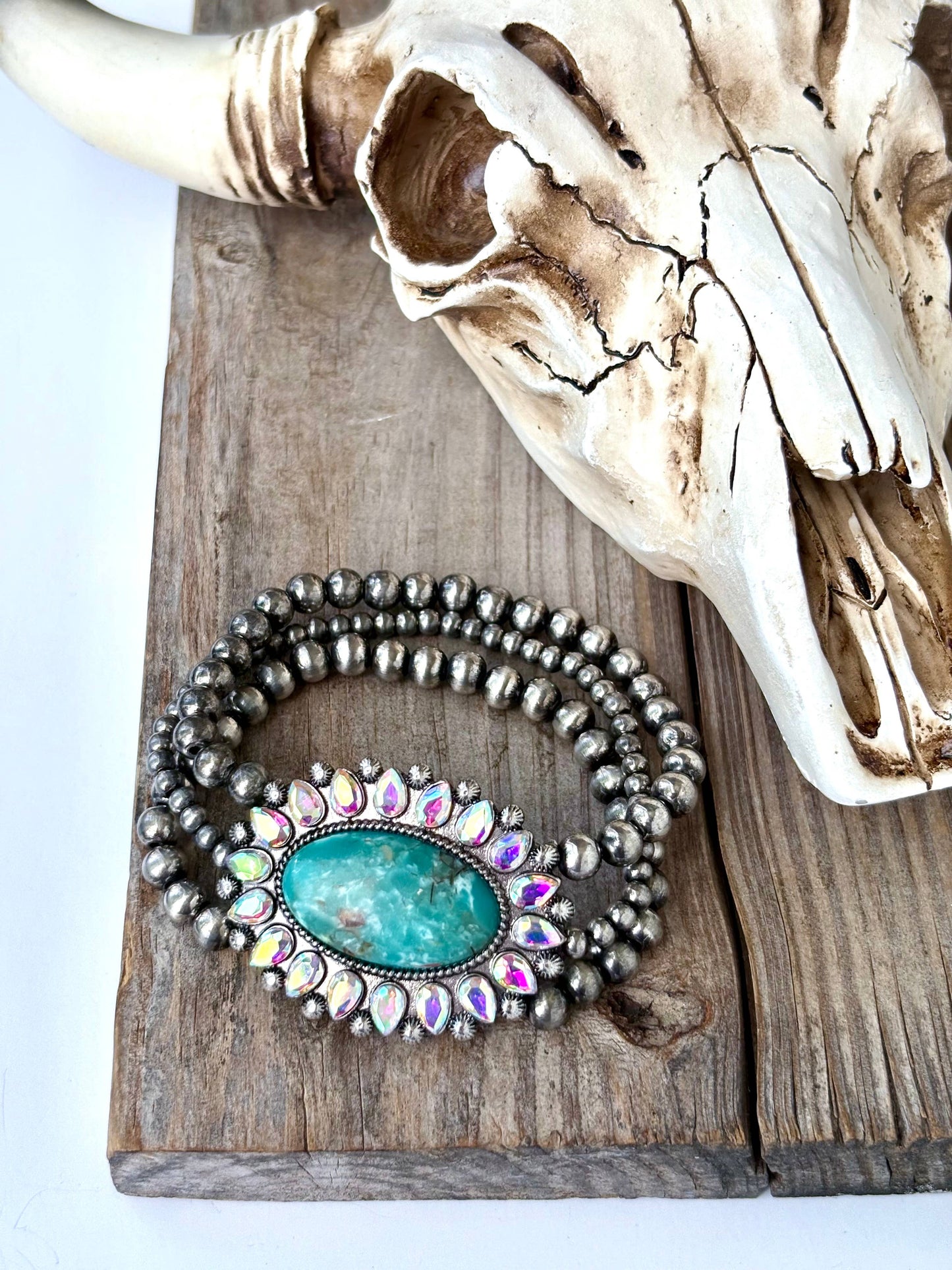 3 Layered Navajo Pearl Stretch Bracelet w/ Turquoise Stone