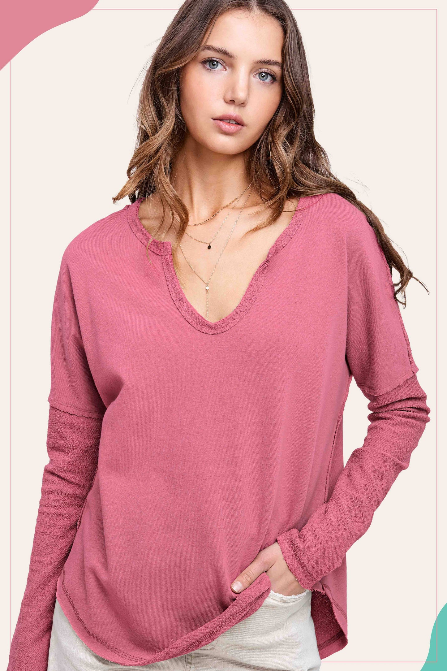 Textured Fabric Contrast Terry Long Sleeve Top