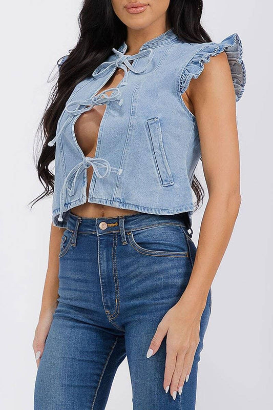 Denim Front Tie with Ruffle - Southern Sassy Boutique