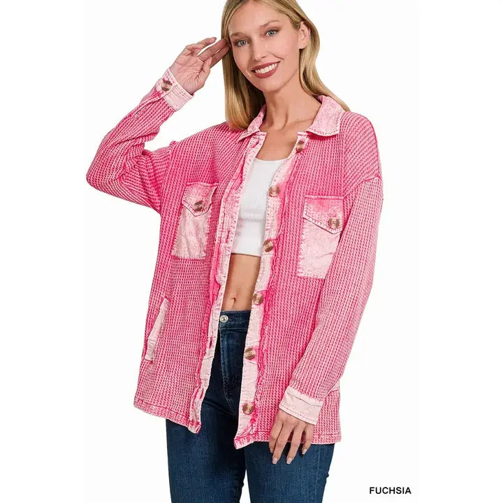 Waffle Acid Wash Oversized Shacket - Southern Sassy Boutique