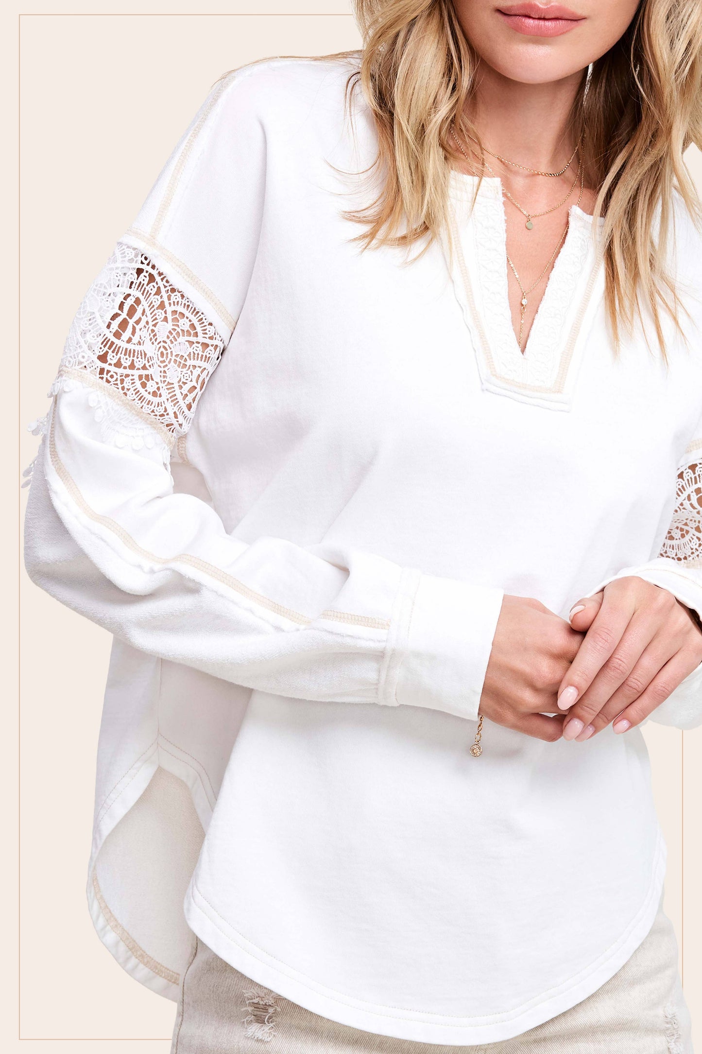 Embroidered Crochet V-neck Long Sleeve Top