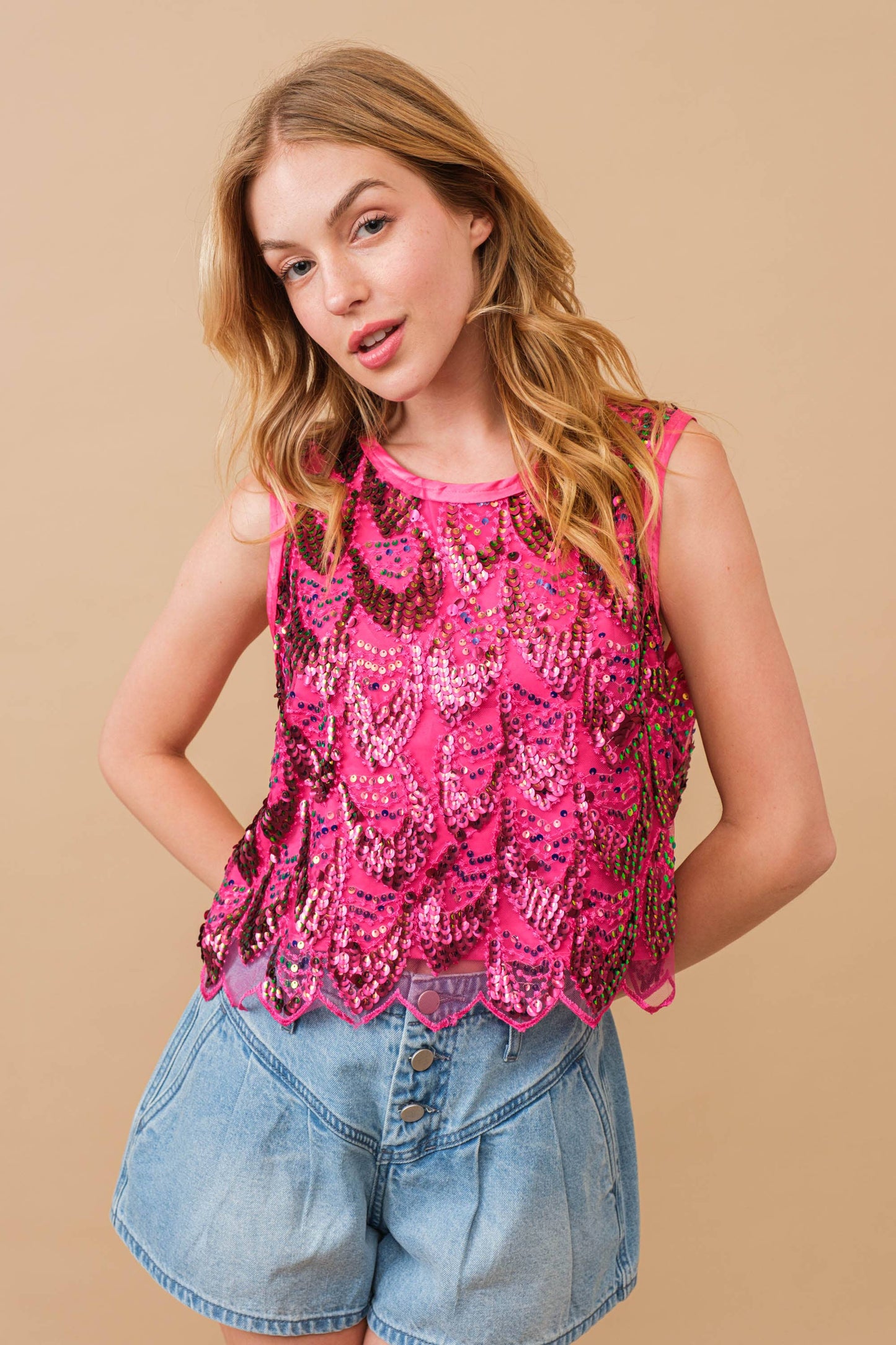 Embellished Sequin Scallop Crop Top