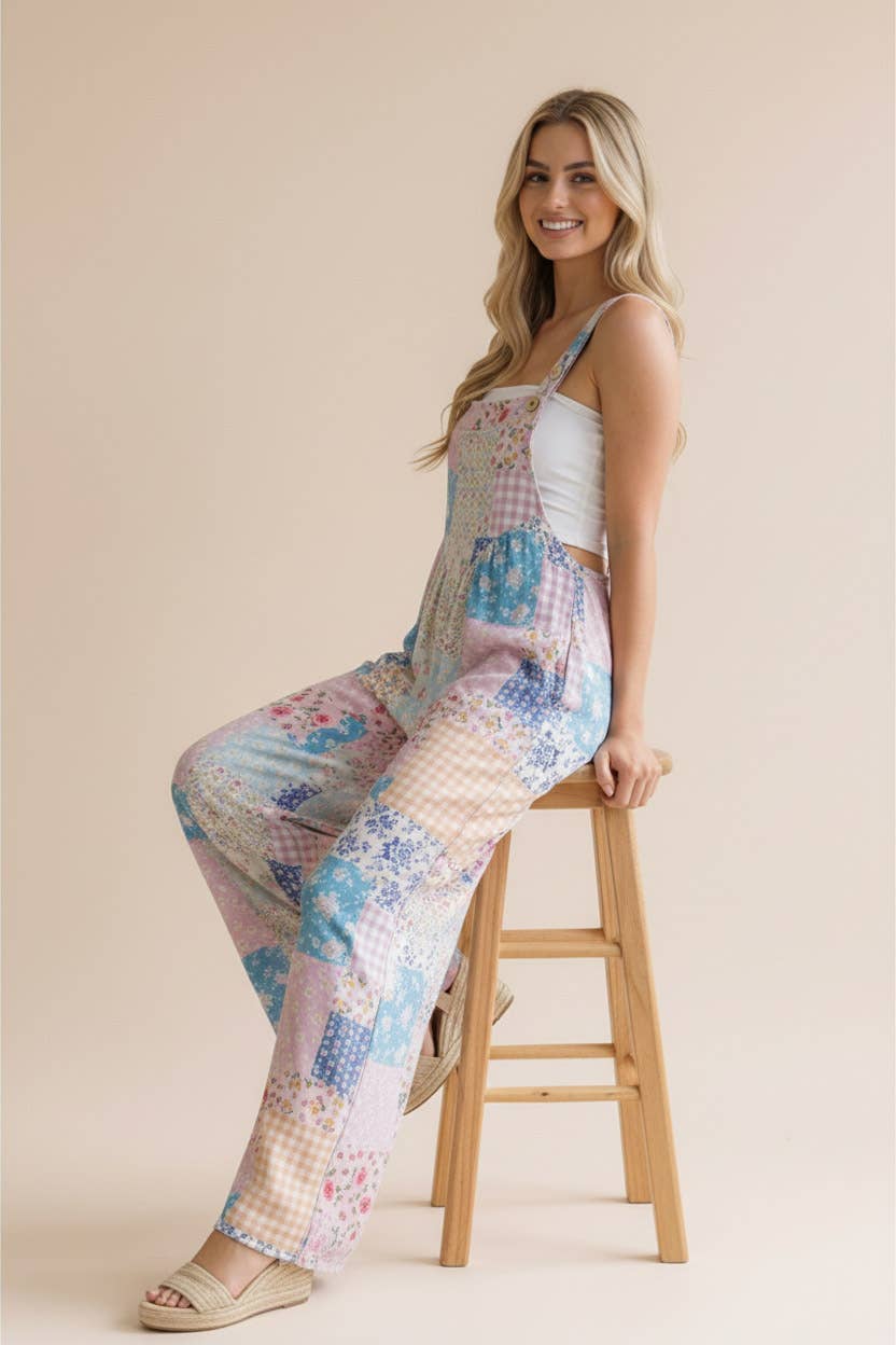 Floral Patchwork Wide Leg Bib Overalls