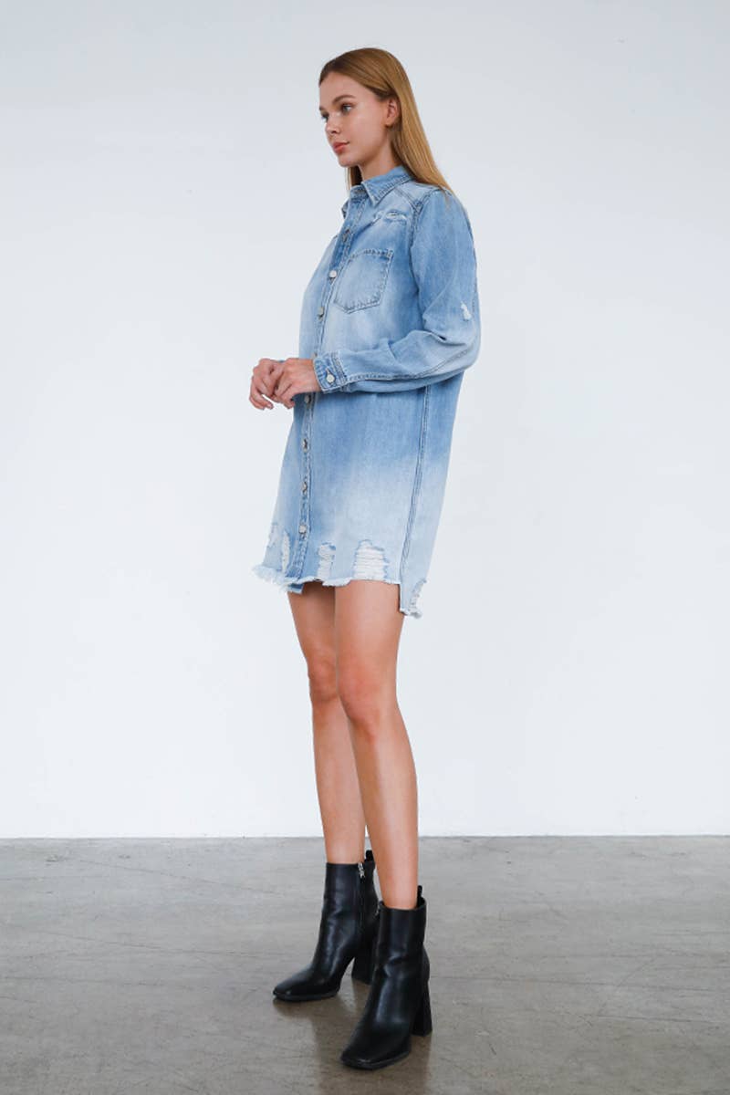 Ripped Raw Trim Denim Shirt Dress