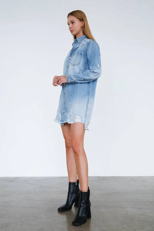 Ripped Raw Trim Denim Shirt Dress - Southern Sassy Boutique