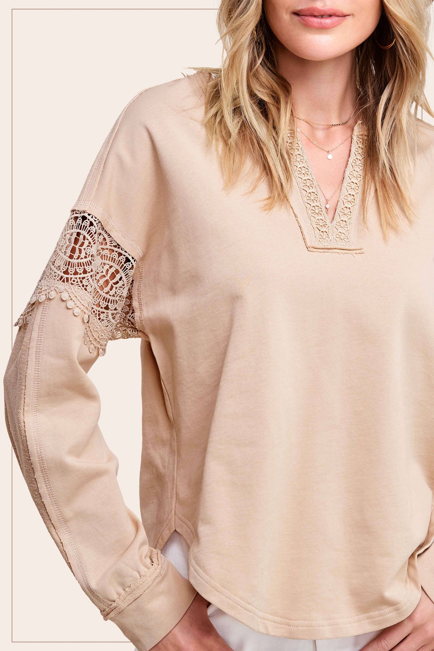 Embroidered Crochet V-neck Long Sleeve Top