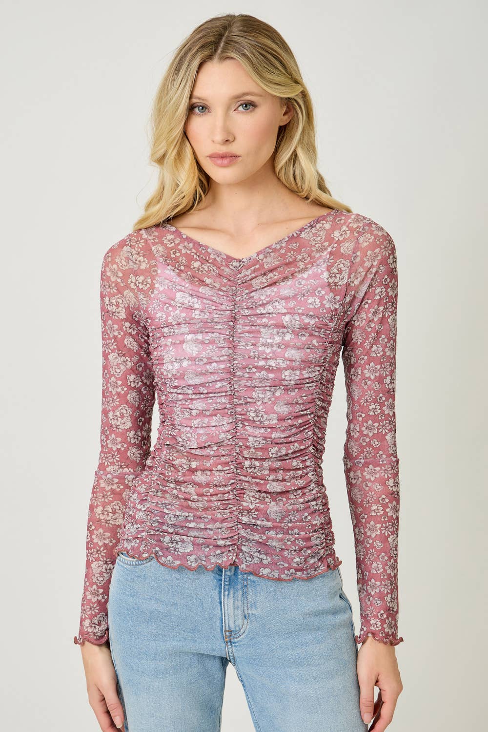 Lettuce Hem Mesh Print Top