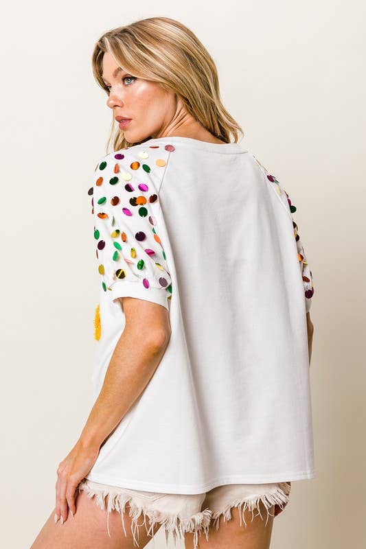 Metallic Letter Spangle Raglan Puff Sleeve Top