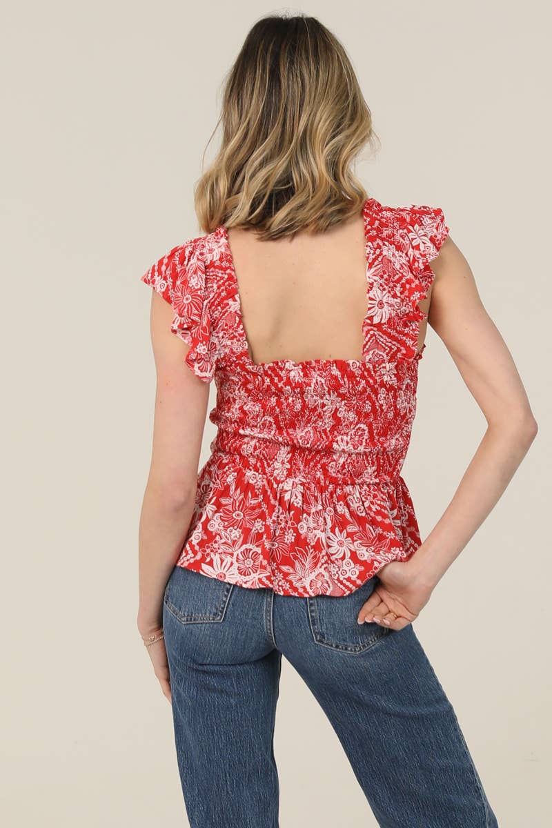 Smoked Bodice Flutter Print Top