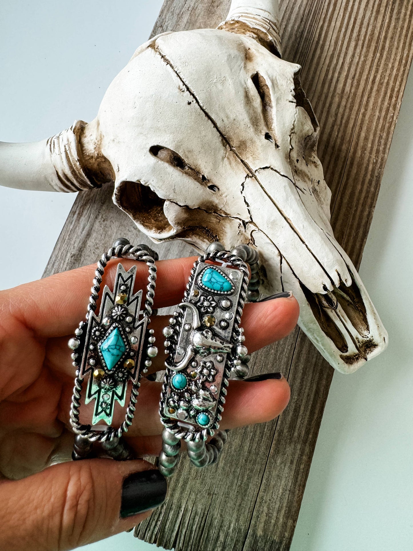 Western Steer Bracelet Navajo Style Turquoise Accent - Rhinestones