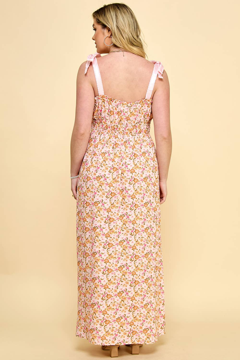 Curvy Tie Shoulder Floral Smoked Maxi Dress