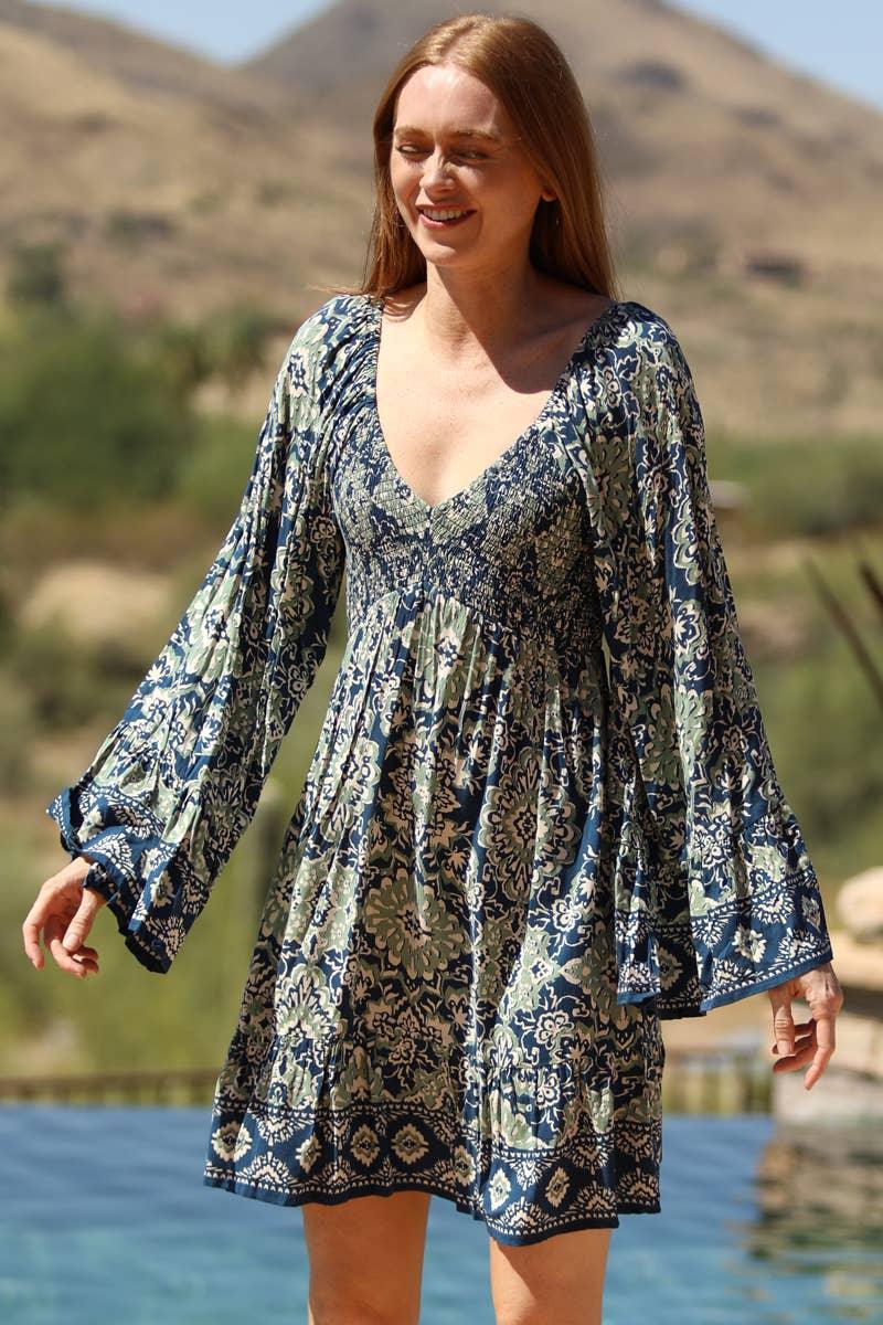 V NECK SMOCKED BUST WIDE BELL SLEEVE PRINTED DRES