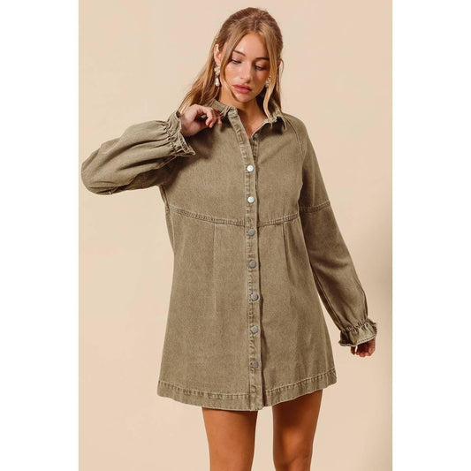 Washed Color Denim Button Down Shirt Mini Dress - Southern Sassy Boutique