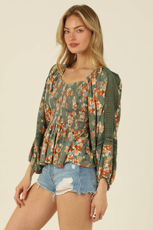 SMOCKED BOICE SWEETHEART NECKLINE CROCHET INSETD - Southern Sassy Boutique