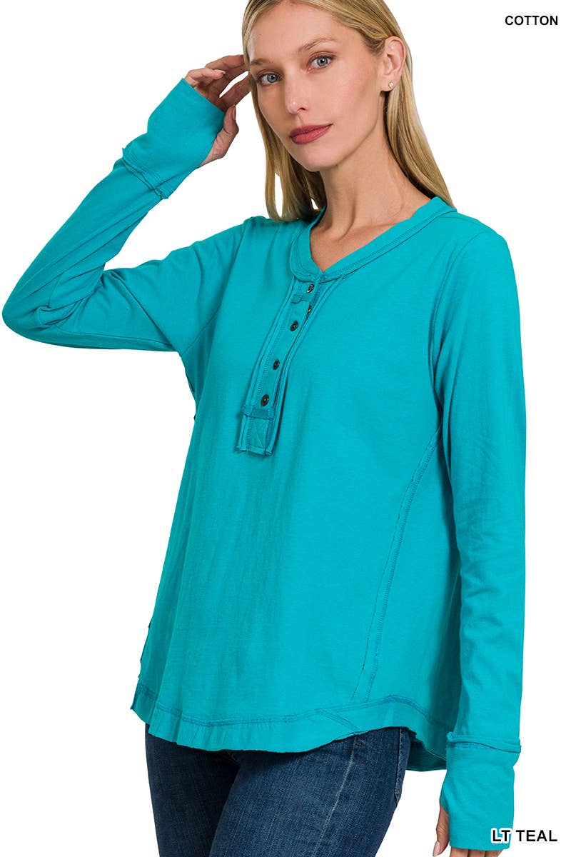 Thumb Hole Cuffs Button Closure Long Sleeve Top