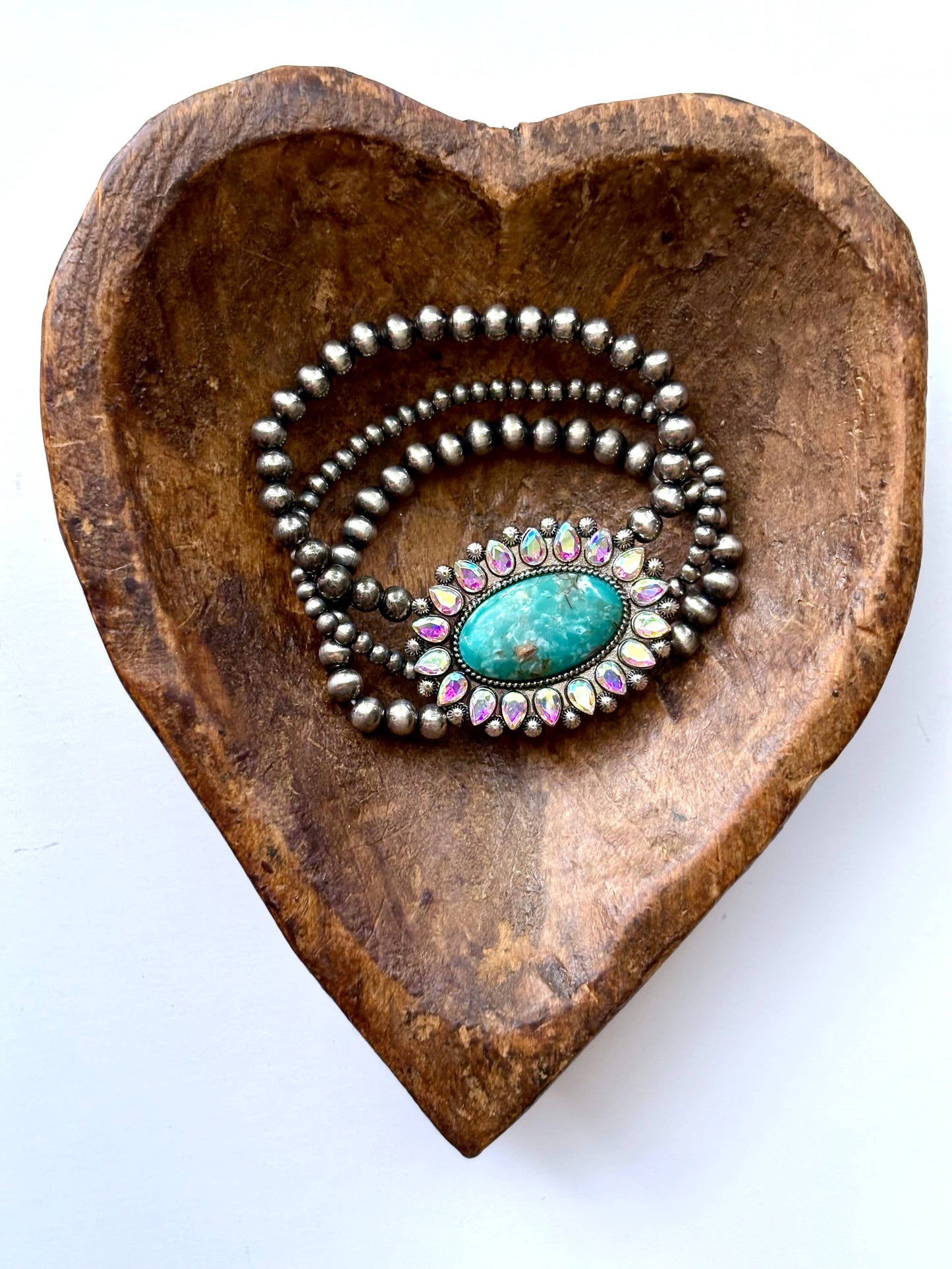 3 Layered Navajo Pearl Stretch Bracelet w/ Turquoise Stone